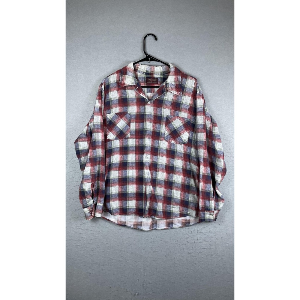 Kingsport Shirt‎ Mens XL Red Blue Plaid Flannel Button Front Long Sleeve Casual